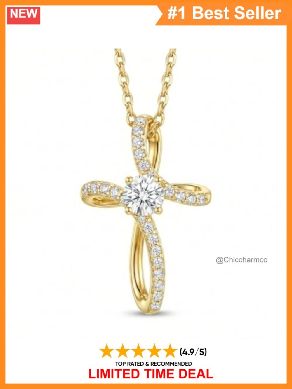 14K Gold Plated Moissanite Cross Pendant Necklace 1CT Religious Gift
